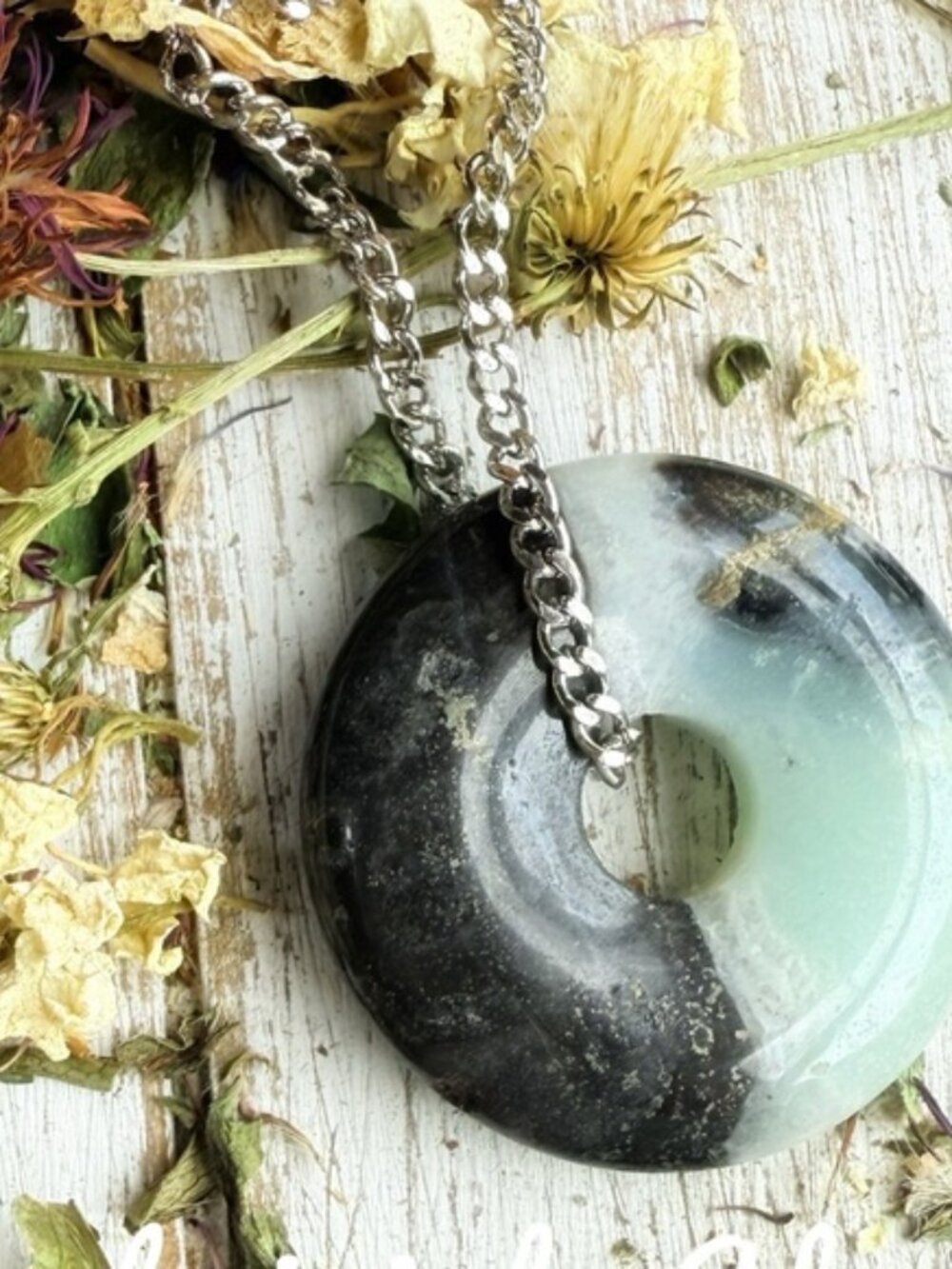Handcrafted Black & Mint Green Stone Donut Pendant Necklace